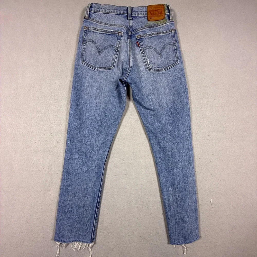 Levis High Waisted Straight Leg Light Wash Distressed Raw Hem Jeans Blue‎ 25